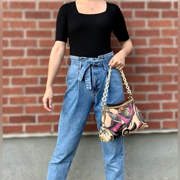 Abstract Print Genuine Cowhide Handmade Double Kisslock Bag with 2 Strap Styles - Picture 8 of 16